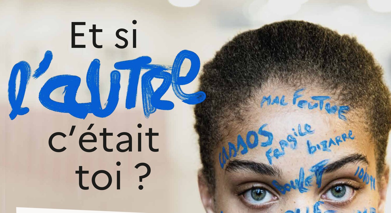 Affiche Non au harcèlement qui représente une élève avec des insultes écrites sur le visage à la peinture bleue, le titre est "Et si l'autre c'était toi ?" et les numéros d'alertes sont affichés