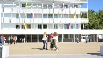 Un groupe de collégiens discutent devant leur collège